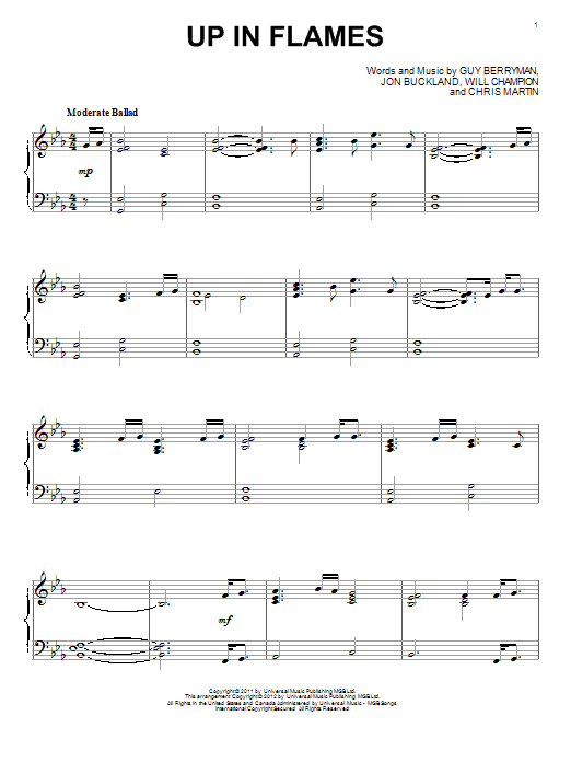 Coldplay Up In Flames sheet music notes and chords. Download Printable PDF.