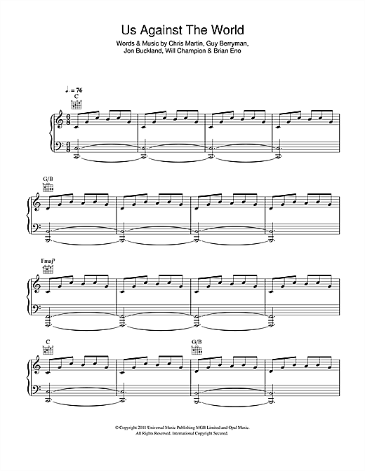 Learn to play Coldplay Us Against The World sheet music for Guitar Tab in minutes. Price: 7.8900$ Coldplay Us Against The World sheet music notes and chords arranged for Guitar Tab
