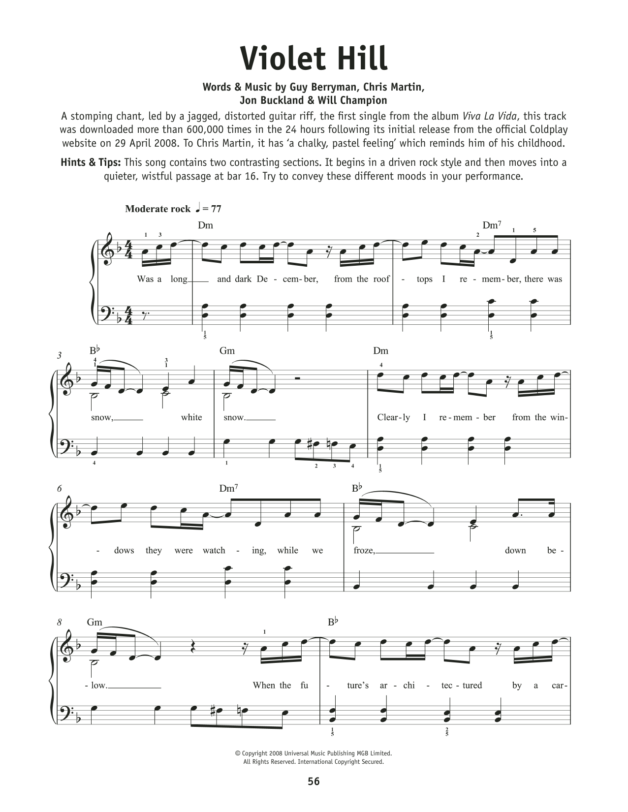 Coldplay Violet Hill sheet music notes and chords. Download Printable PDF.