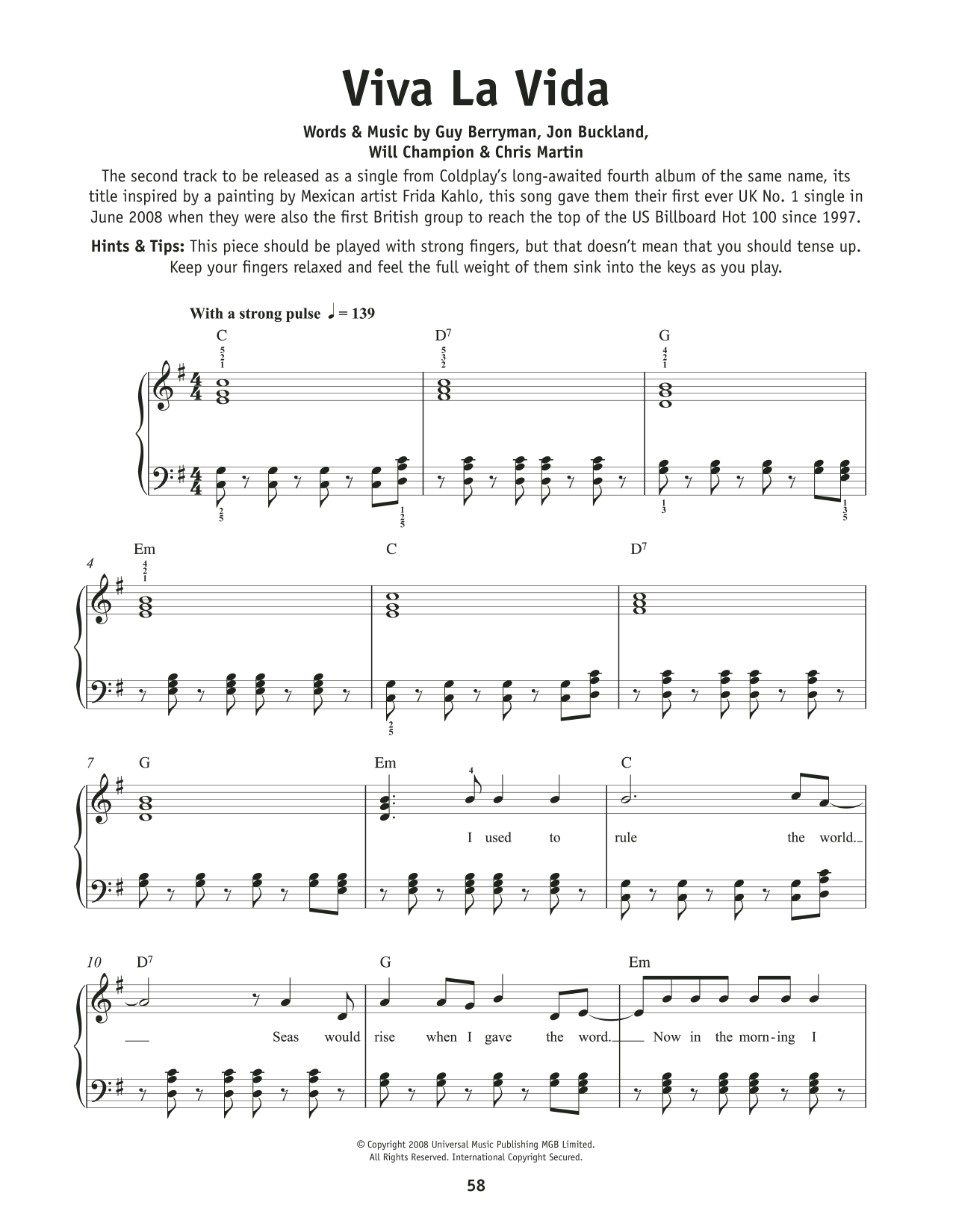 Coldplay Viva La Vida sheet music notes and chords. Download Printable PDF.