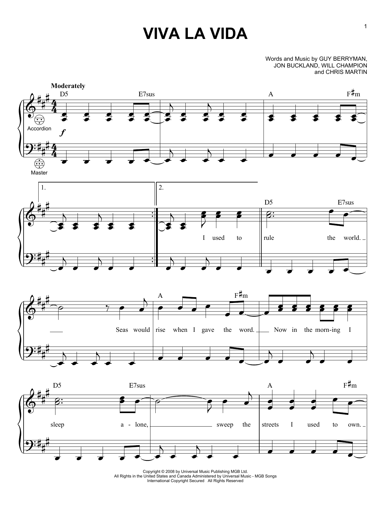 Coldplay Viva La Vida sheet music notes and chords. Download Printable PDF.