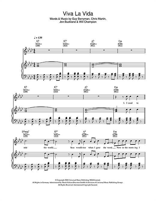Coldplay "Viva La Vida" Sheet Music PDF Chords | Rock Score Ukulele with Strumming Patterns Printable. 112768
