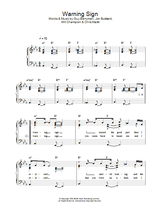 Coldplay Warning Sign sheet music notes and chords. Download Printable PDF.