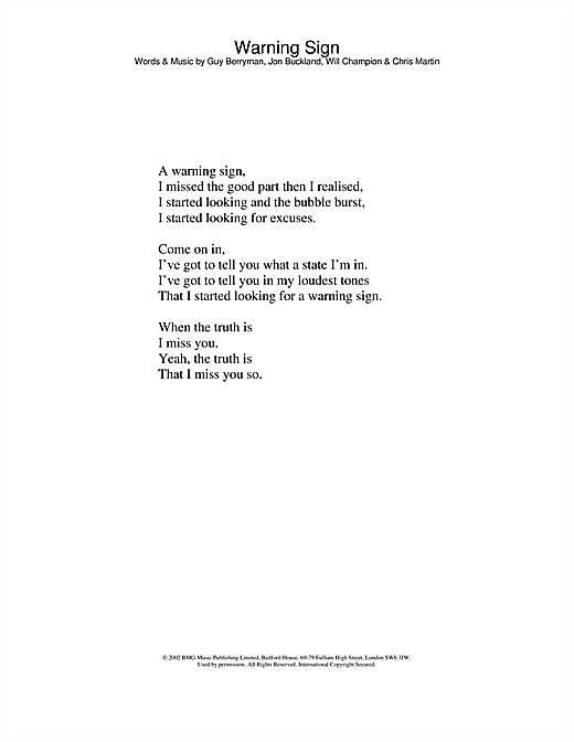 Learn to play Coldplay Warning Sign sheet music for Lead Sheet / Fake Book in minutes. Coldplay Warning Sign sheet music notes and chords. Download Printable PDF.