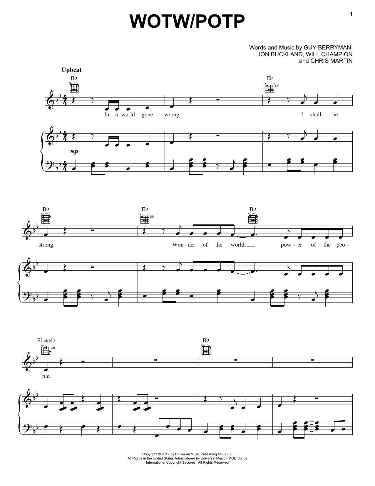 Coldplay WOTW / POTP sheet music notes and chords. Download Printable PDF.