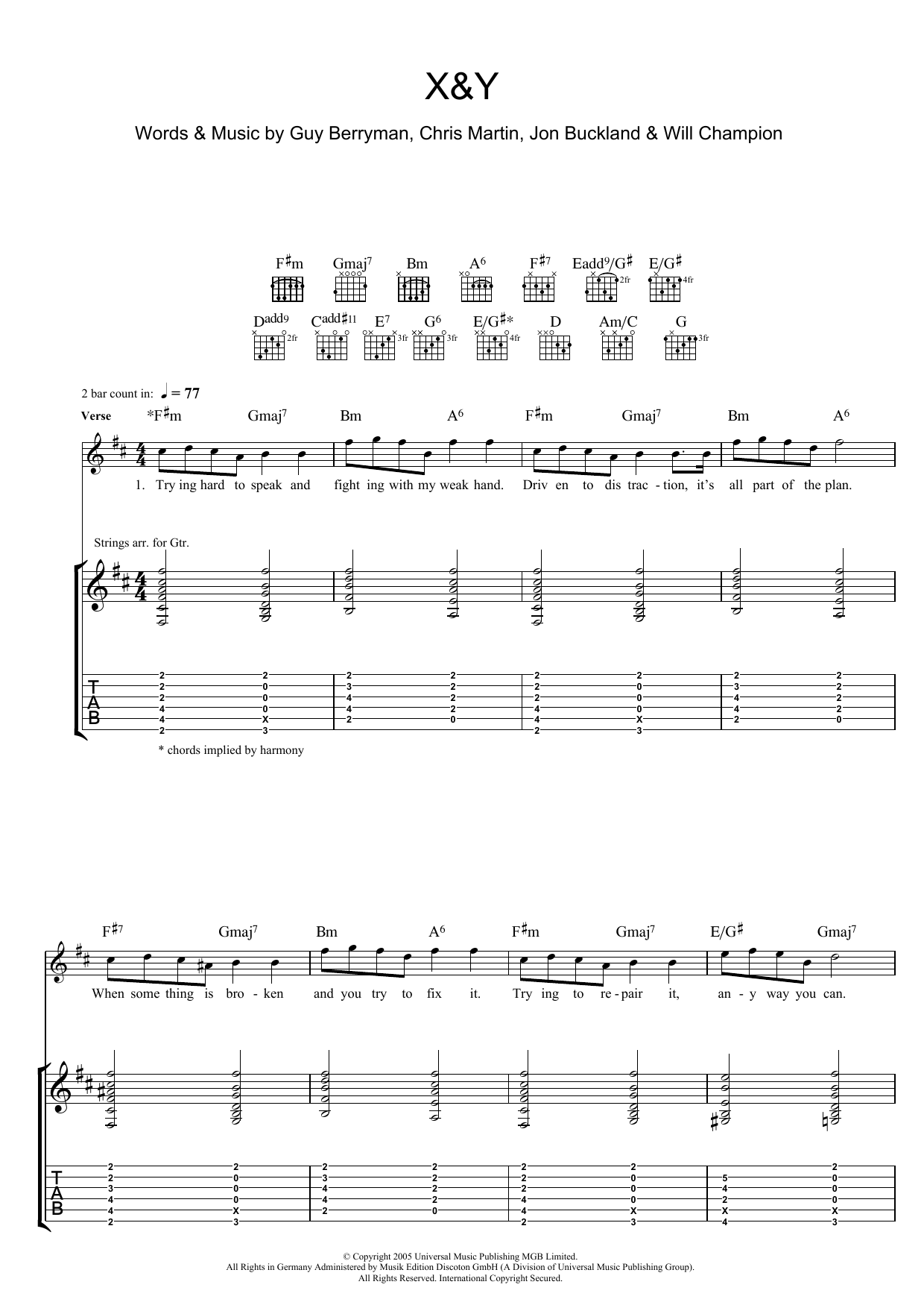 Coldplay X&Y sheet music notes and chords. Download Printable PDF.