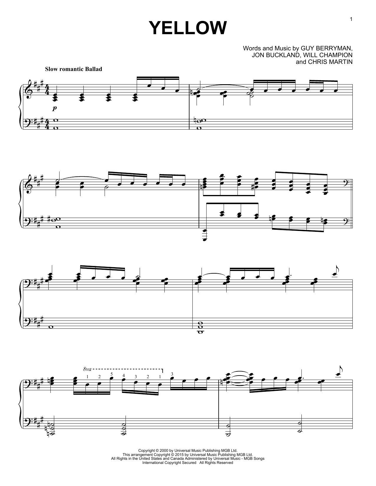 Coldplay "Yellow [Jazz version]" Sheet Music PDF Notes, Chords Alternative Score Piano Solo Download Printable. SKU: 161922
