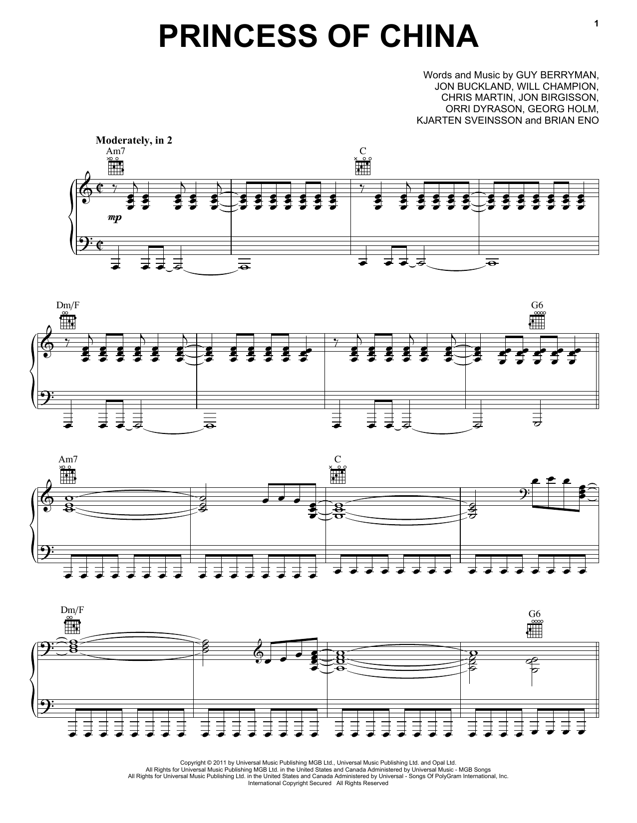 Coldplay & Rihanna Princess Of China sheet music notes and chords. Download Printable PDF.