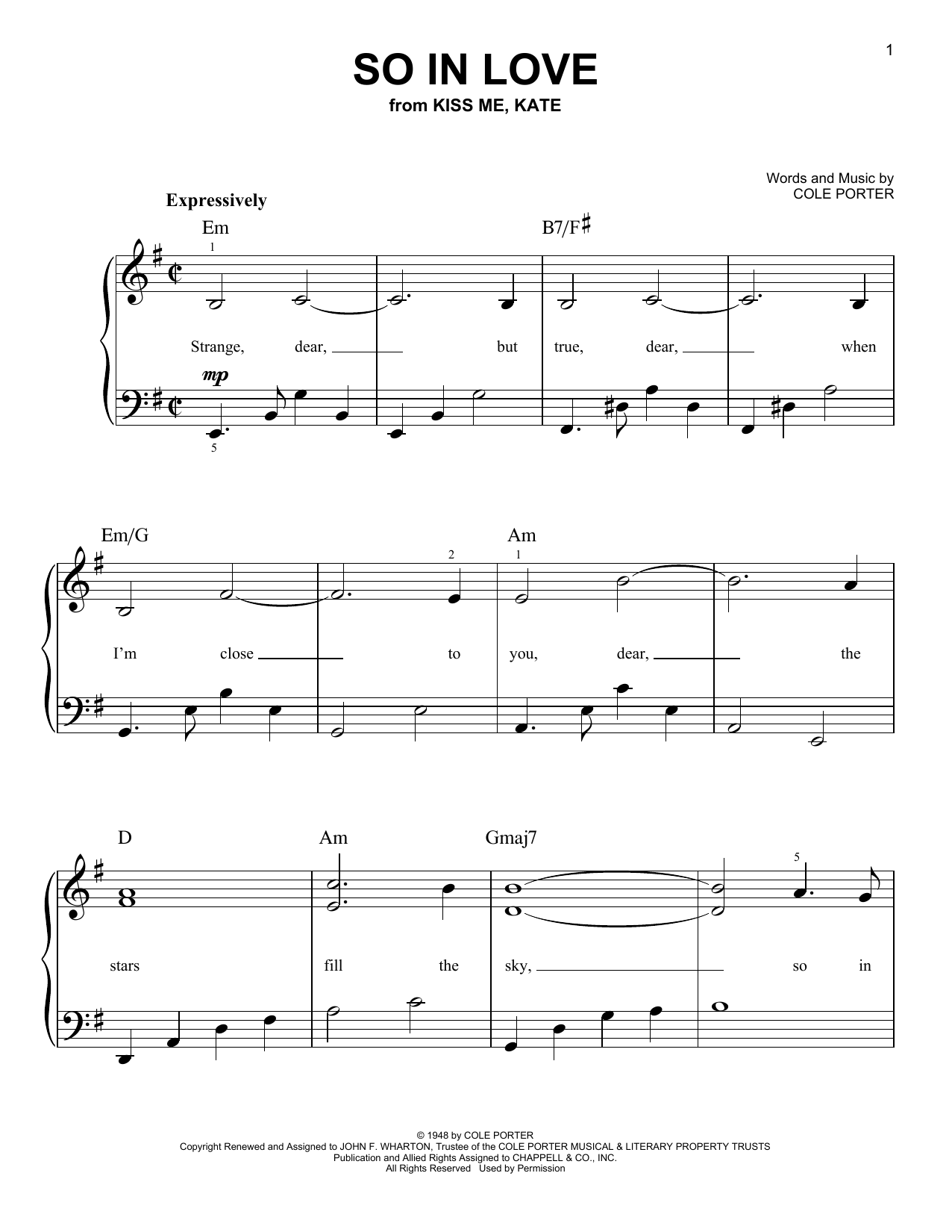 Cole Porter So In Love (from Kiss Me, Kate) sheet music notes and chords. Download Printable PDF.