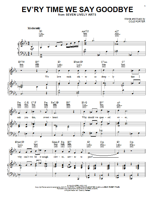 Cole Porter Ev'ry Time We Say Goodbye sheet music notes and chords. Download Printable PDF.