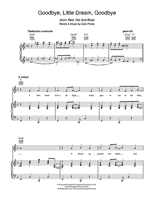 Cole Porter "Goodbye, Little Dream, Goodbye" Sheet Music for Piano