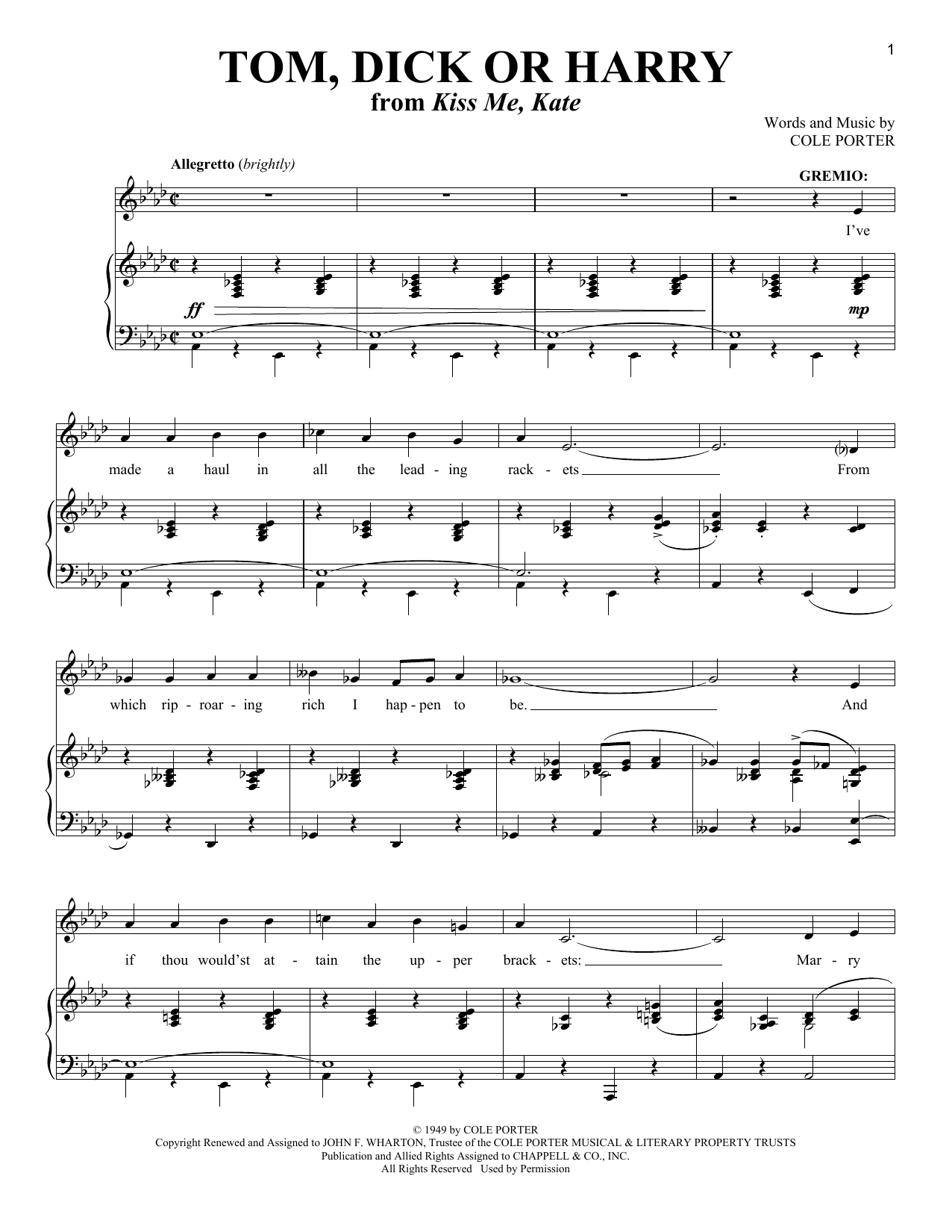 Learn to play Cole Porter Tom, Dick Or Harry (from Kiss Me, Kate) sheet music for Piano & Vocal in minutes. Cole Porter Tom, Dick Or Harry (from Kiss Me, Kate) sheet music notes and chords. Download Printable PDF.