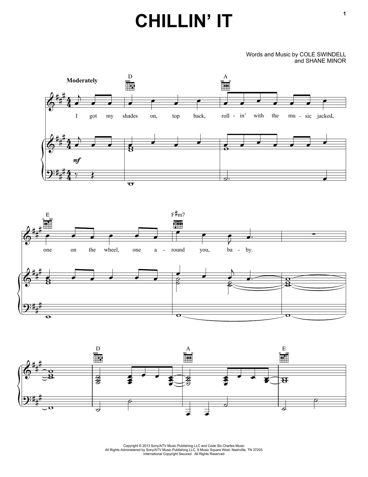 Cole Swindell Chillin' It sheet music notes and chords. Download Printable PDF.