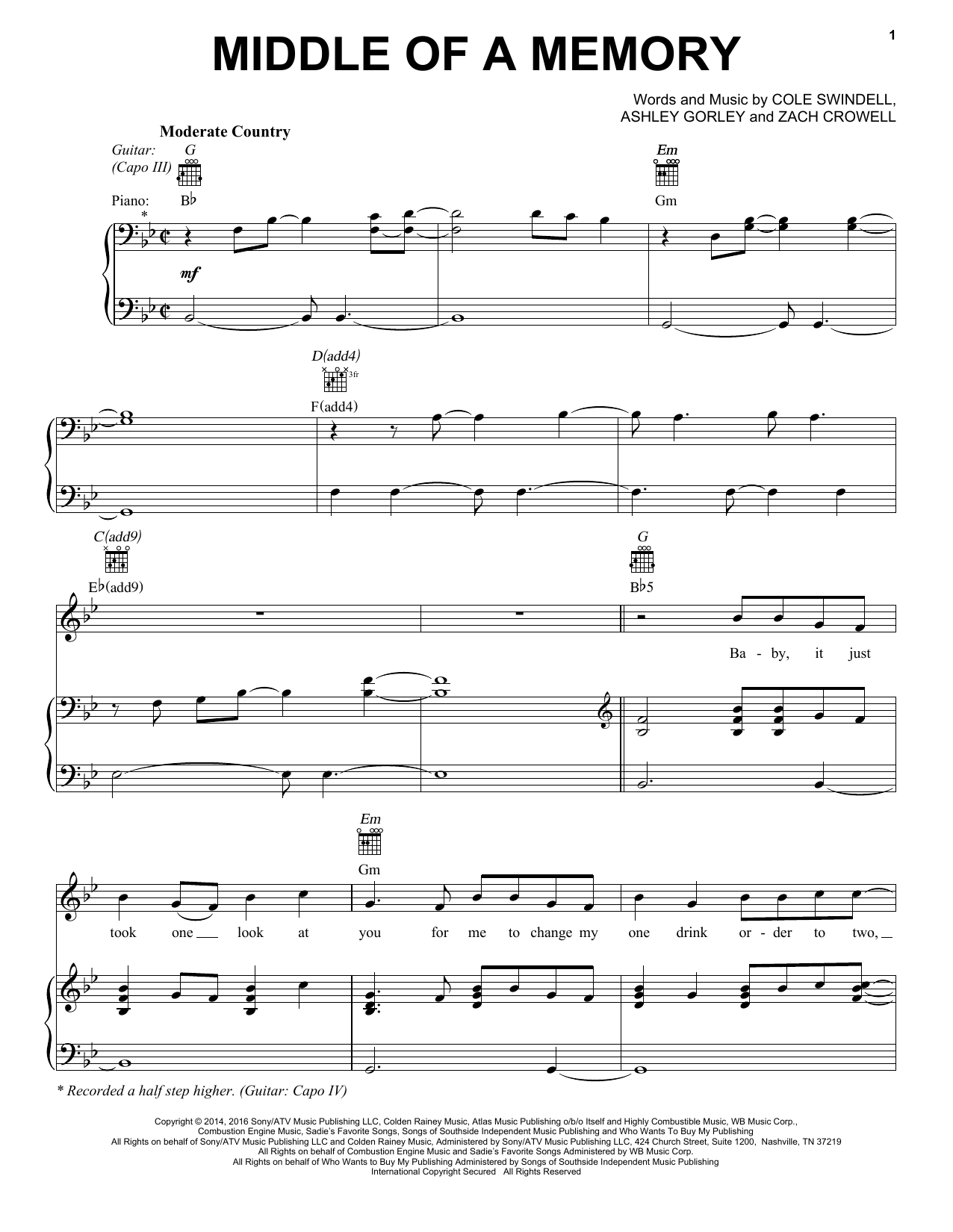 Learn to play Cole Swindell Middle Of A Memory sheet music for Piano, Vocal & Guitar Chords (Right-Hand Melody) in minutes. Price: 7.8900$ Cole Swindell Middle Of A Memory sheet music notes and chords arranged for Piano, Vocal & Guitar Chords (Right-Hand Melody)