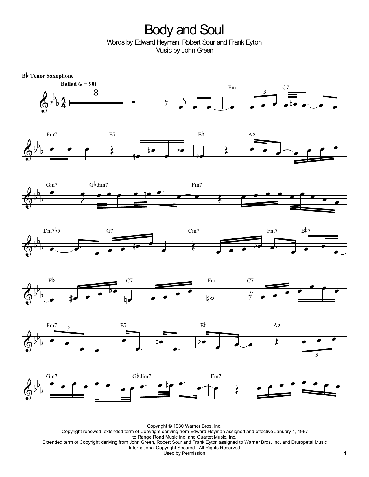 Coleman Hawkins "Body And Soul" Sheet Music PDF Notes, Chords Jazz