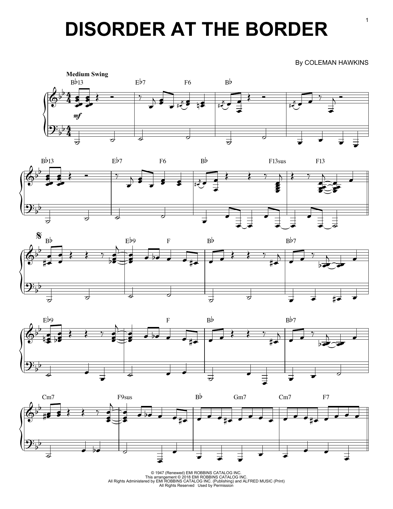 Learn to play Coleman Hawkins Disorder At The Border sheet music for Piano Solo in minutes. Price: 6.9900$ Coleman Hawkins Disorder At The Border sheet music notes and chords arranged for Piano Solo