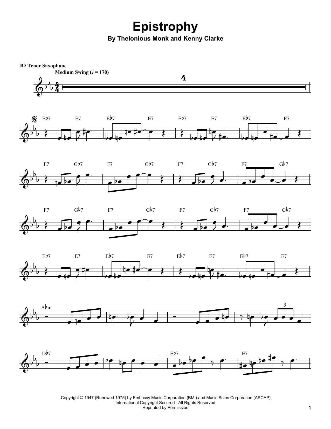Coleman Hawkins Epistrophy sheet music notes and chords. Download Printable PDF.