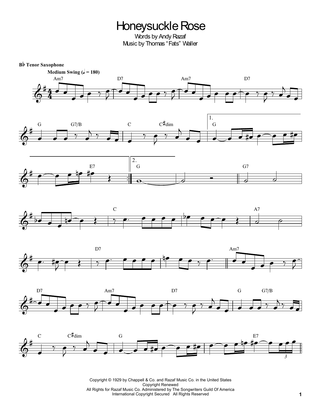 Coleman Hawkins Honeysuckle Rose sheet music notes and chords. Download Printable PDF.