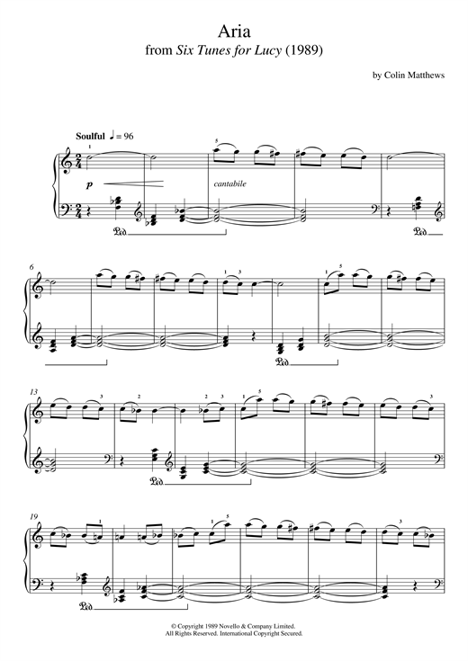 Learn to play Colin Matthews Aria (From Six Tunes For Lucy) sheet music for Piano Solo in minutes. Colin Matthews Aria (From Six Tunes For Lucy) sheet music notes and chords