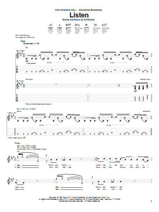 Learn to play Collective Soul Listen sheet music for Guitar Tab in minutes. Price: 7.8900$ Collective Soul Listen sheet music notes and chords arranged for Guitar Tab