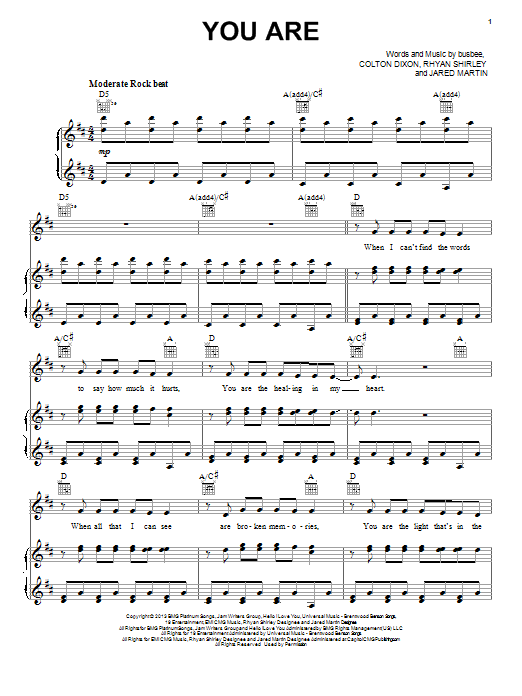 Colton Dixon You Are sheet music notes and chords. Download Printable PDF.