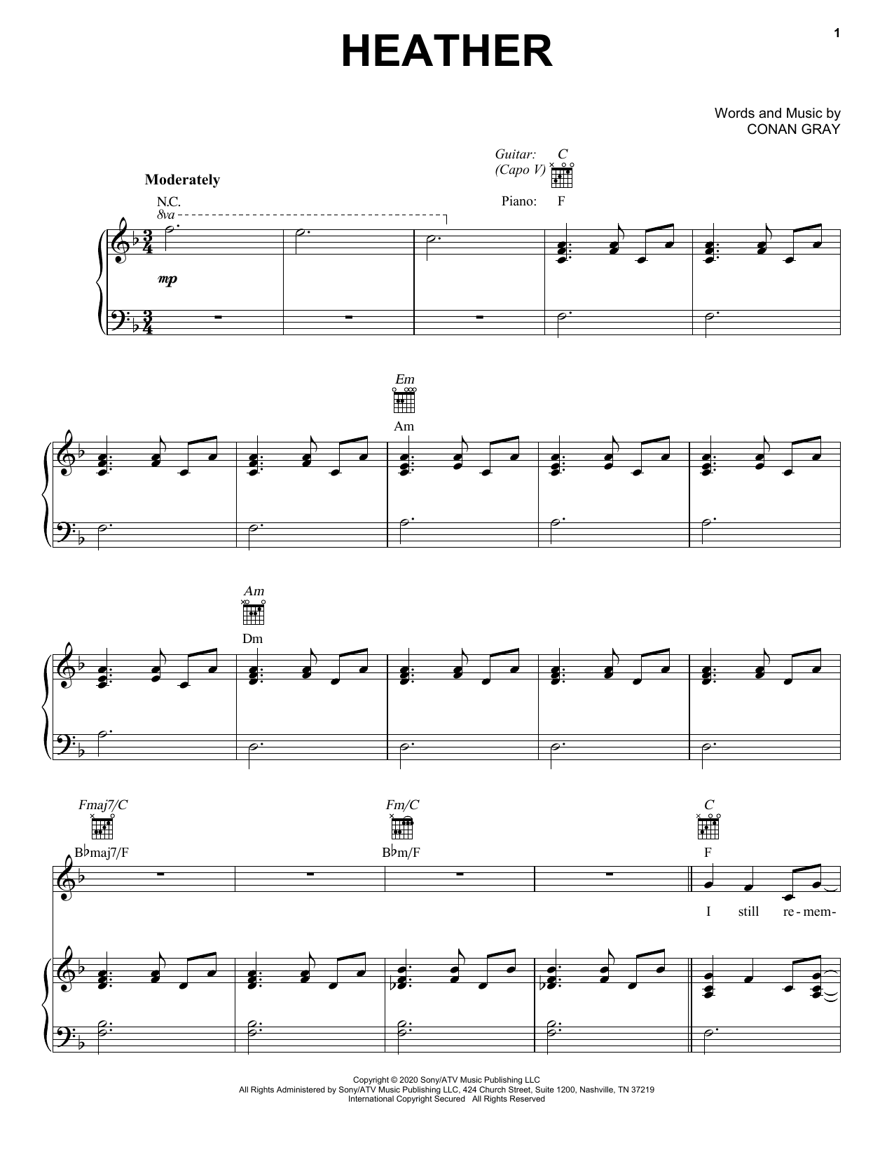 Conan Gray "Heather" Sheet Music Notes, Chords | Download Printable PDF