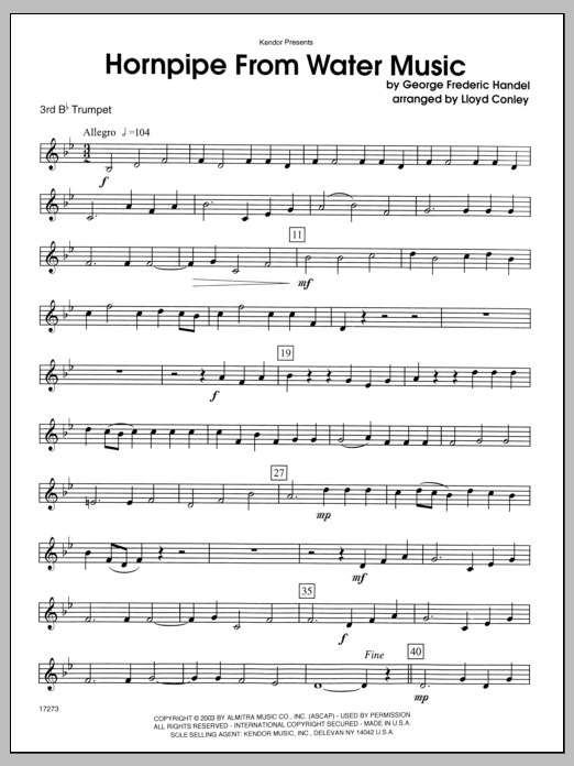 Learn to play Conley Hornpipe From Water Music - 3rd Bb Trumpet sheet music for Brass Ensemble in minutes. Conley Hornpipe From Water Music - 3rd Bb Trumpet sheet music notes and chords. Download Printable PDF.