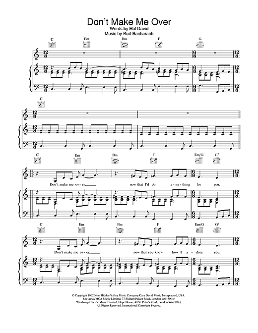 Learn to play Connie Francis Don't Make Me Over sheet music for Piano, Vocal & Guitar (Right-Hand Melody) in minutes. Price: 6.9900$ Connie Francis Don't Make Me Over sheet music notes and chords. Download Printable PDF.