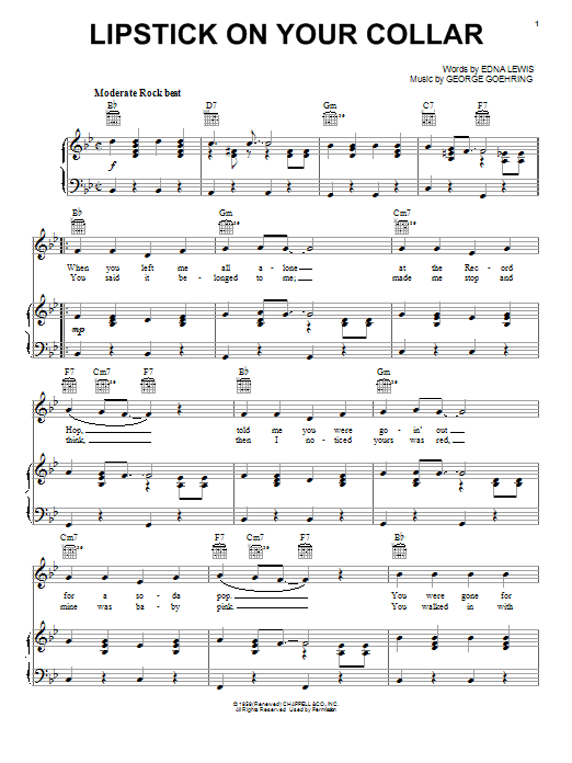 Connie Francis Lipstick On Your Collar Sheet Music Pdf Notes Chords Pop Score Piano Vocal Guitar Right Hand Melody Download Printable Sku 63938