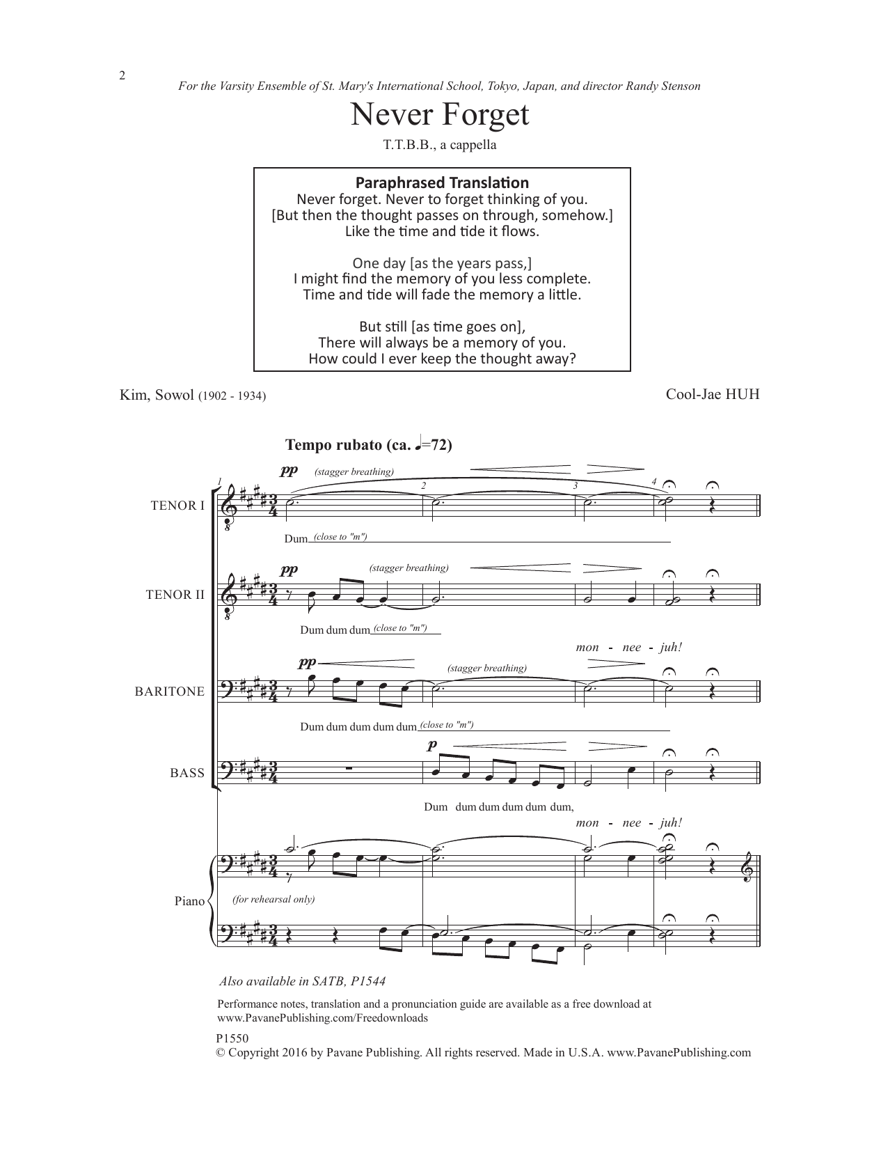 Cool-Jae Huh Never Forget sheet music notes and chords. Download Printable PDF.