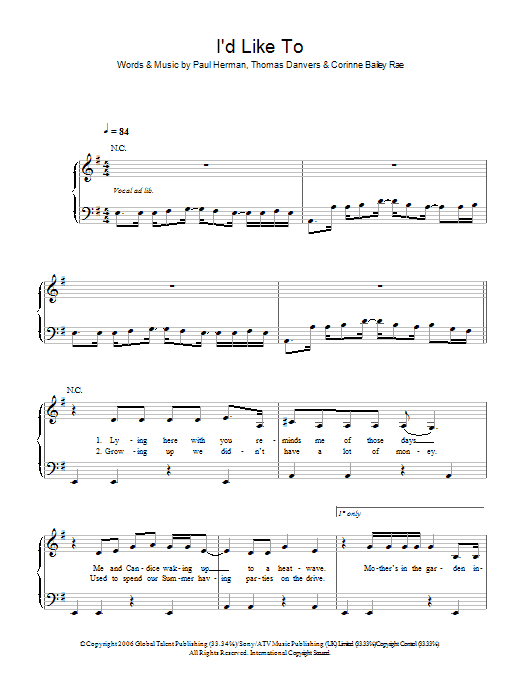 Learn to play Corinne Bailey Rae I'd Like To sheet music for Easy Piano in minutes. Price: 6.9900$ Corinne Bailey Rae I'd Like To sheet music notes and chords arranged for Easy Piano