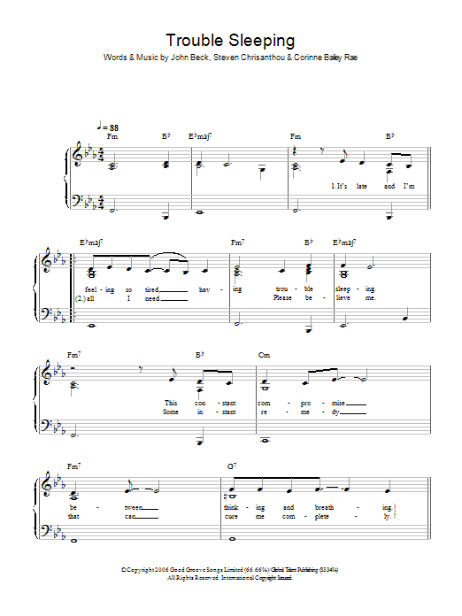 Corinne Bailey Rae Trouble Sleeping sheet music notes and chords. Download Printable PDF.