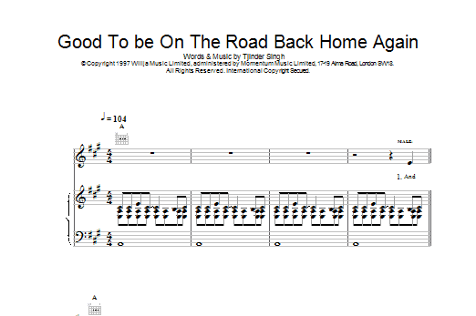Cornershop Good To Be On The Road Back Home Again sheet music notes and chords. Download Printable PDF.
