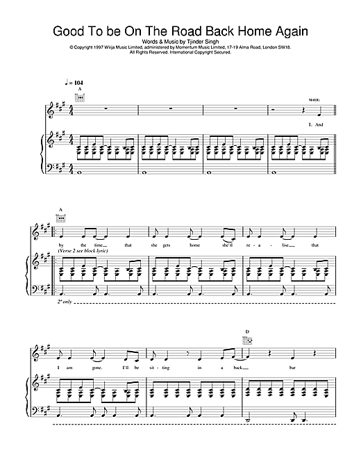 Cornershop Good To Be On The Road Back Home Again sheet music notes and chords. Download Printable PDF.