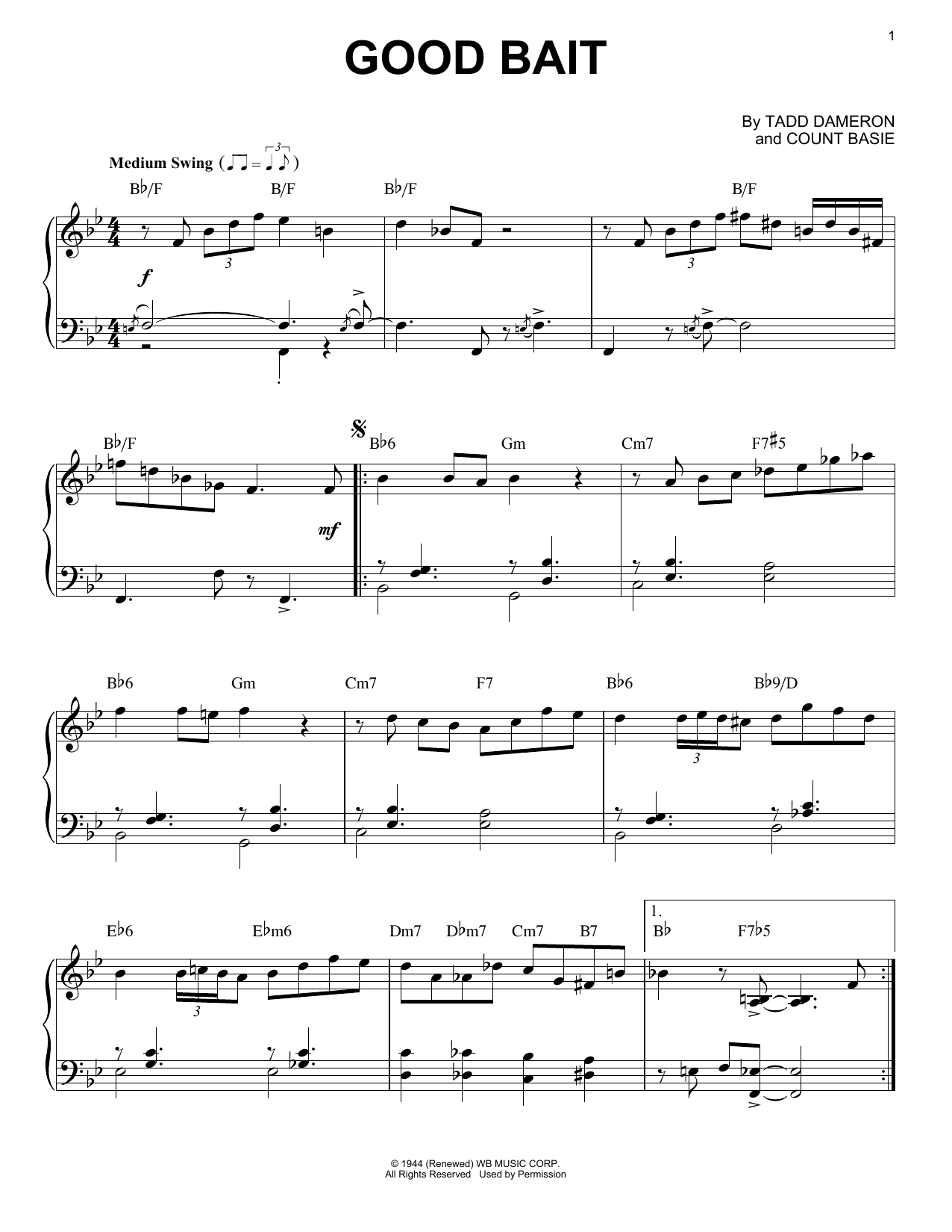 Learn to play Count Basie Good Bait sheet music for Piano, Vocal & Guitar (Right-Hand Melody) in minutes. Price: 6.9900$ Count Basie Good Bait sheet music notes and chords. Download Printable PDF.