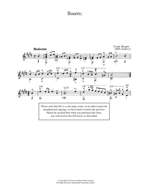 Learn to play Count Bergen Bouree sheet music for Solo Guitar in minutes. Count Bergen Bouree sheet music notes and chords. Download Printable PDF.