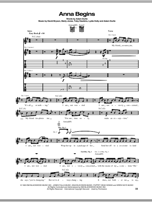 Learn to play Counting Crows Anna Begins sheet music for Guitar Tab in minutes. Price: 6.9900$ Counting Crows Anna Begins sheet music notes and chords arranged for Guitar Tab