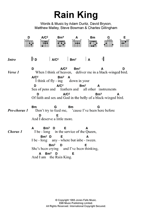 Learn to play Counting Crows Rain King sheet music for Lead Sheet / Fake Book in minutes. Price: 5.9900$ Counting Crows Rain King sheet music notes and chords arranged for Lead Sheet / Fake Book