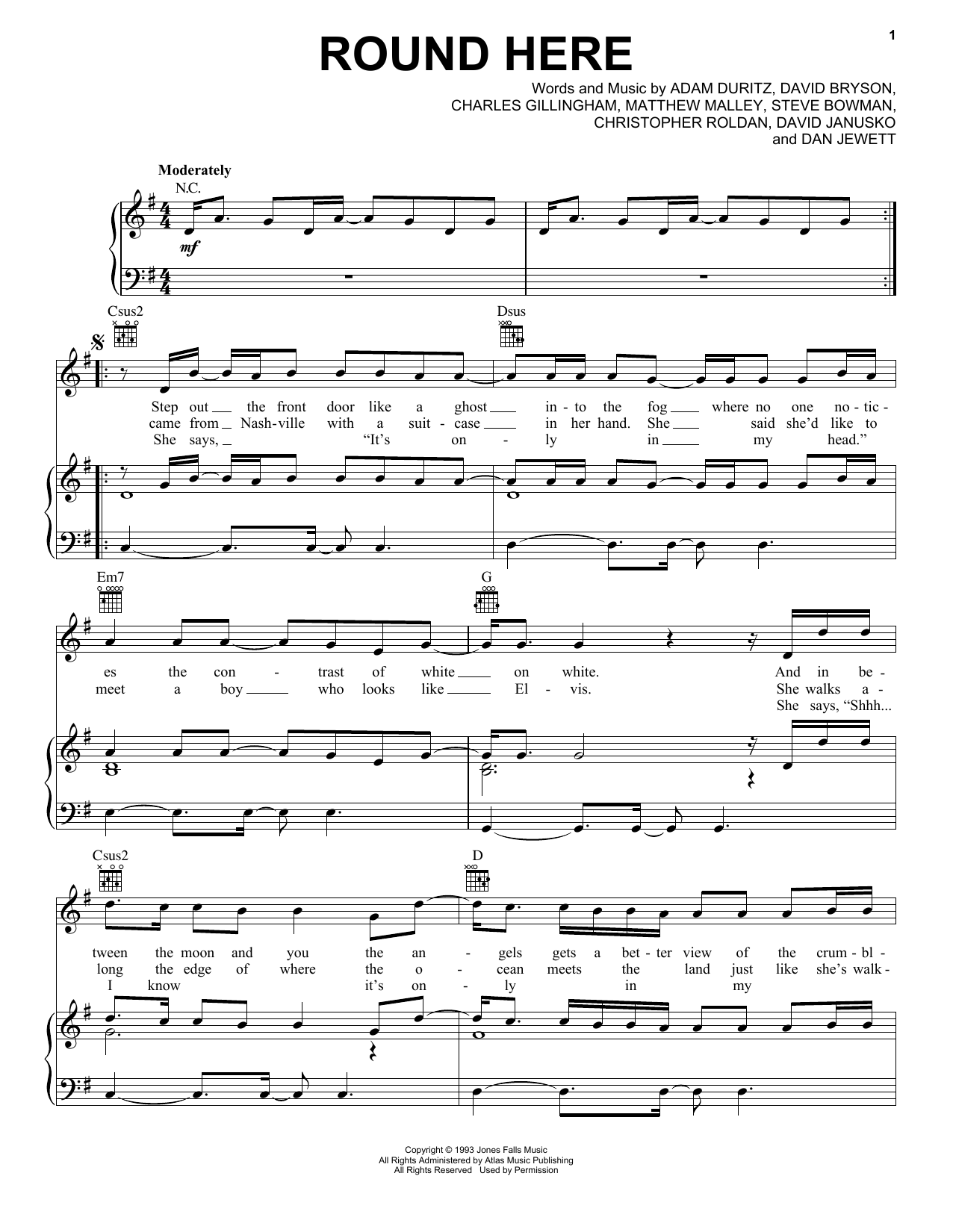 Counting Crows Round Here sheet music notes and chords. Download Printable PDF.