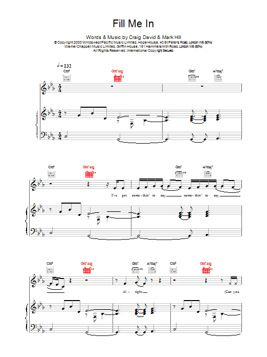 Craig David Fill Me In sheet music notes and chords - Download Printable PDF and start playing in minutes.