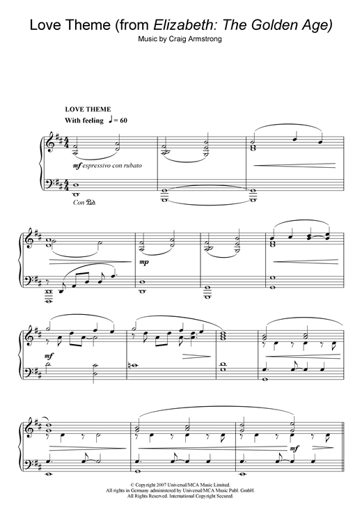 Learn to play Craig Armstrong Love Theme (from Elizabeth: The Golden Age) sheet music for Piano Solo in minutes. Craig Armstrong Love Theme (from Elizabeth: The Golden Age) sheet music notes and chords. Download Printable PDF.