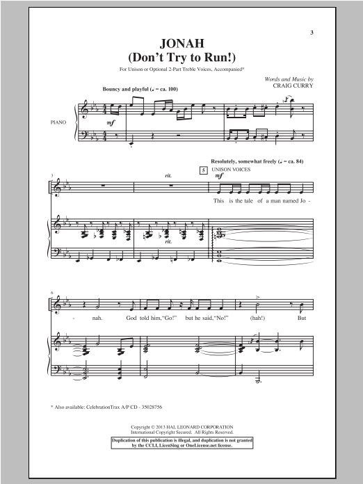 Learn to play Craig Curry Jonah (Don't Try To Run!) sheet music for Unison Choir in minutes. Price: 3.9900$ Craig Curry Jonah (Don't Try To Run!) sheet music notes and chords arranged for Unison Choir