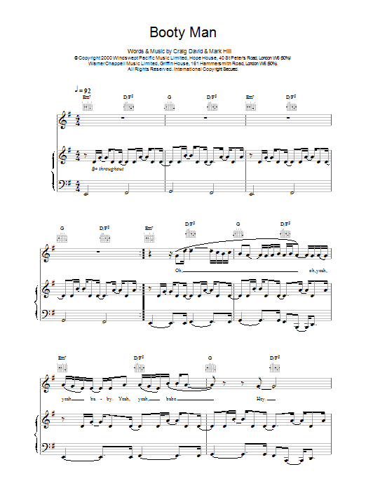 Craig David Booty Man sheet music for Piano, Vocal & Guitar in minutes. Price: 7.8900$ Craig David Booty Man sheet music notes and chords. Download Printable PDF.