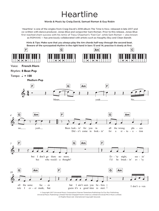 Craig David Heartline sheet music notes and chords. Download Printable PDF.