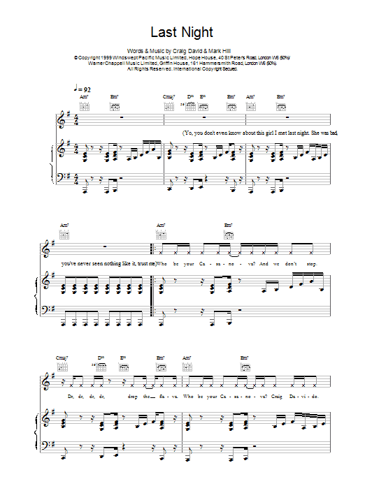 Learn to play Craig David Last Night sheet music for Piano, Vocal & Guitar in minutes. Craig David Last Night sheet music notes and chords. Download Printable PDF.