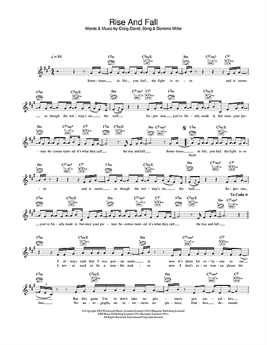 Preview Craig David Rise And Fall R & B sheet music, notes and chords for Lead Sheet / Fake Book, SKU: 25820 sheet music, piano notes, chords, guitar tabs, score, transpose, transcribe, how to play, guide, download, learn, tutorial, progression, song, artist, awards, billboard, mtv, vh1, tour, single, album, release