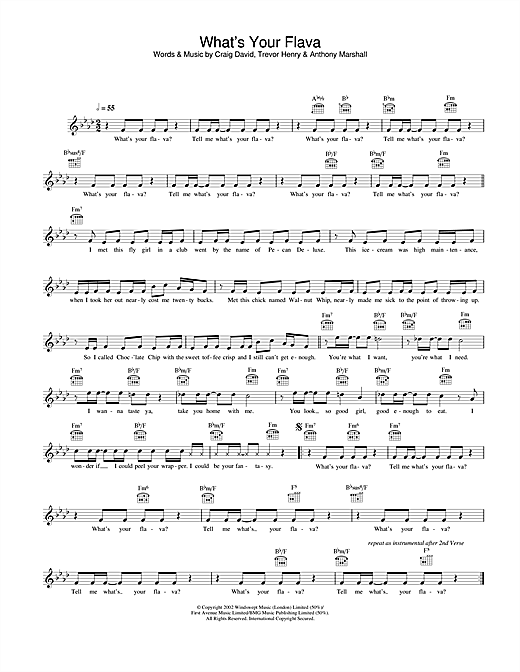 Learn to play Craig David What’s Your Flava sheet music for Lead Sheet / Fake Book in minutes. Craig David What’s Your Flava sheet music notes and chords. Download Printable PDF.