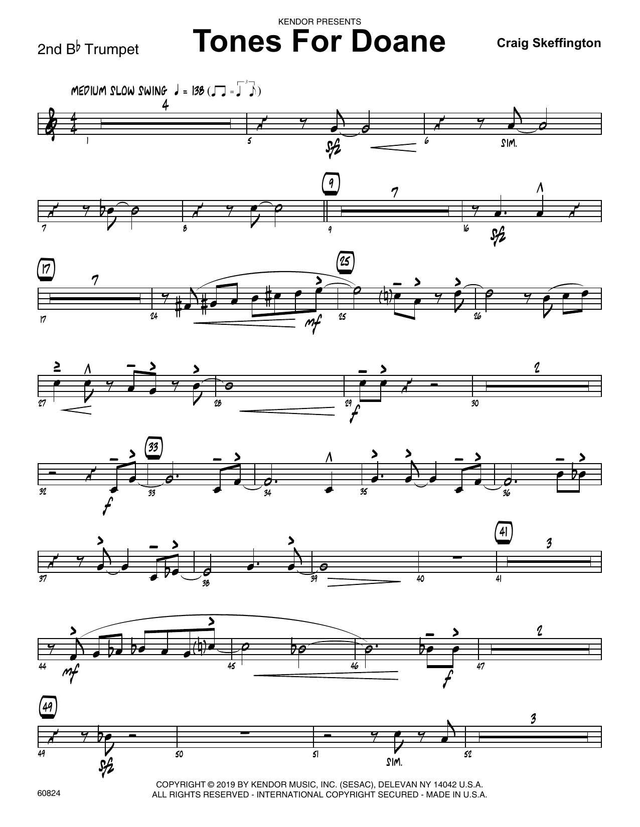 Learn to play Craig Skeffington Tones For Doane - 2nd Bb Trumpet sheet music for Jazz Ensemble in minutes. Craig Skeffington Tones For Doane - 2nd Bb Trumpet sheet music notes and chords. Download Printable PDF.