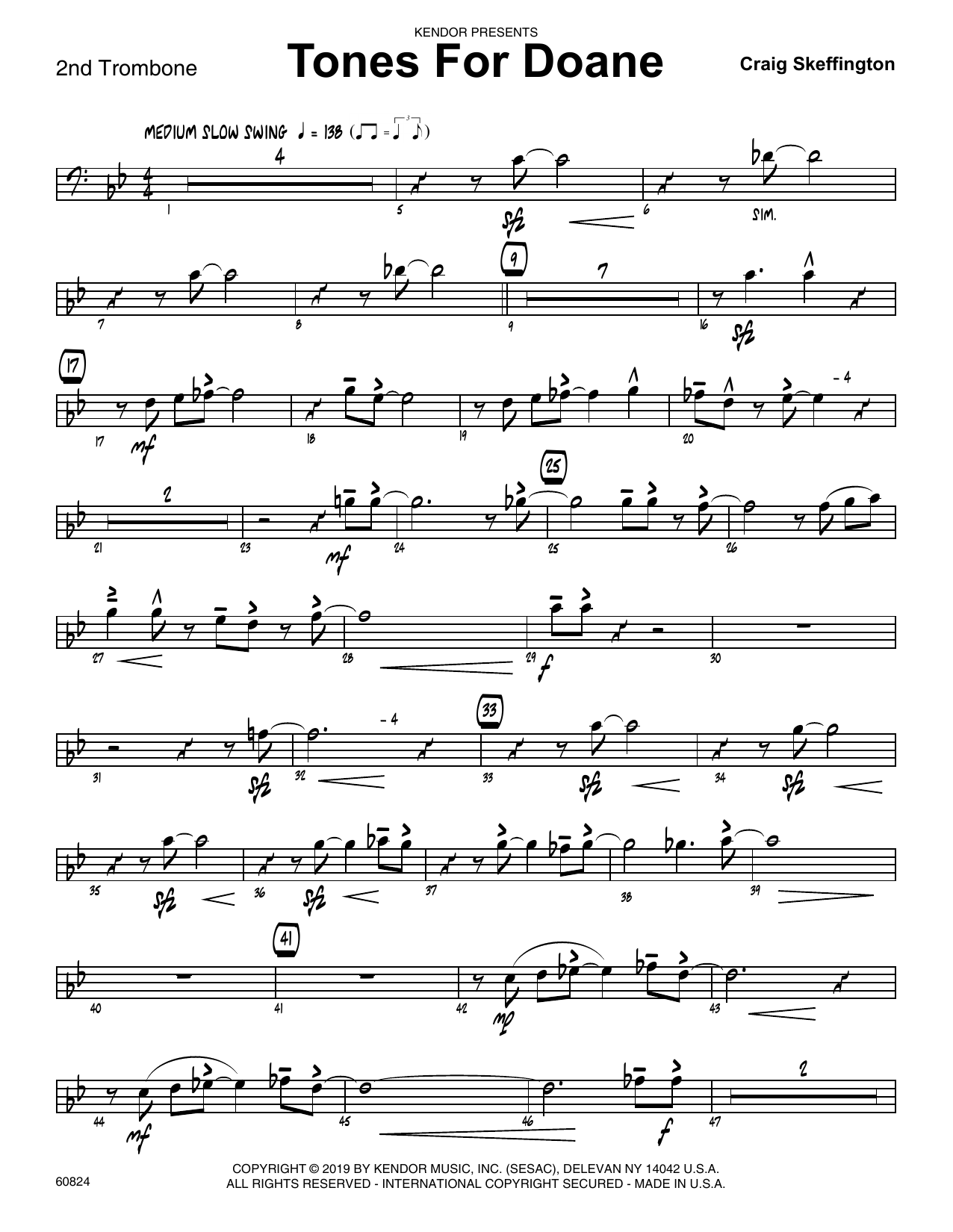 Learn to play Craig Skeffington Tones For Doane - 2nd Trombone sheet music for Jazz Ensemble in minutes. Craig Skeffington Tones For Doane - 2nd Trombone sheet music notes and chords. Download Printable PDF.