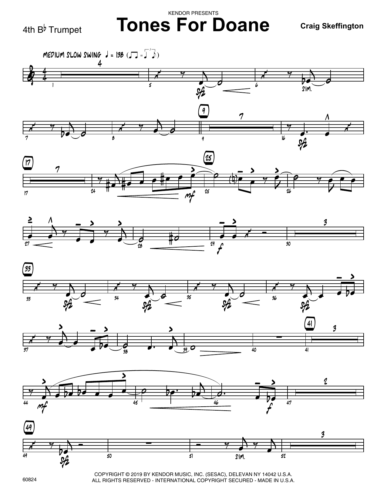 Learn to play Craig Skeffington Tones For Doane - 4th Bb Trumpet sheet music for Jazz Ensemble in minutes. Craig Skeffington Tones For Doane - 4th Bb Trumpet sheet music notes and chords. Download Printable PDF.